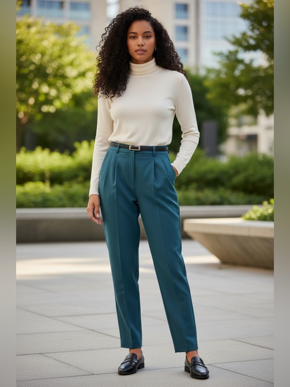 Vintage Union Made Bianca Dark Blue Jade High Waisted Pleated Waist Wool Trouser